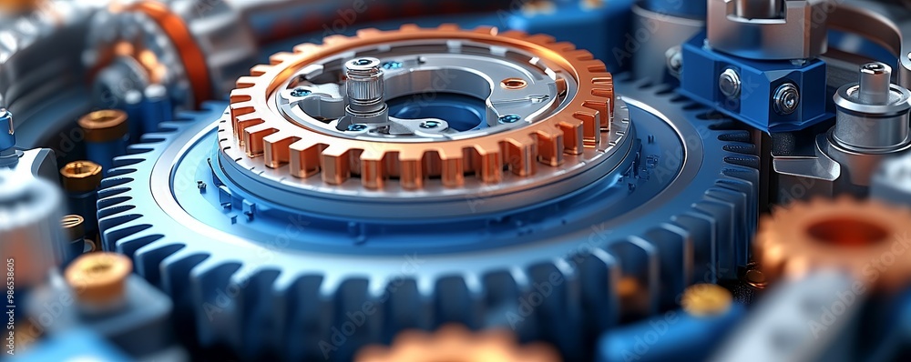 Poster close-up of a metallic gear assembly showcasing intricate components and vibrant colors in a mechani