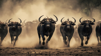 Herd of buffaloes running towards camera in landscape with dry soil ground.