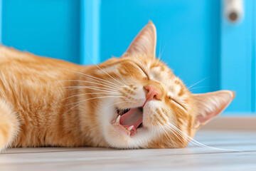 Orange cat lying on the floor yawning in a bright room with a blue wall