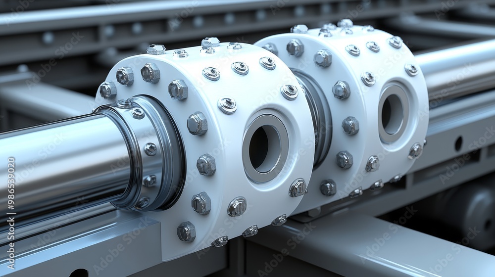 Poster close-up of industrial machinery featuring metallic components with bolts and smooth surfaces design
