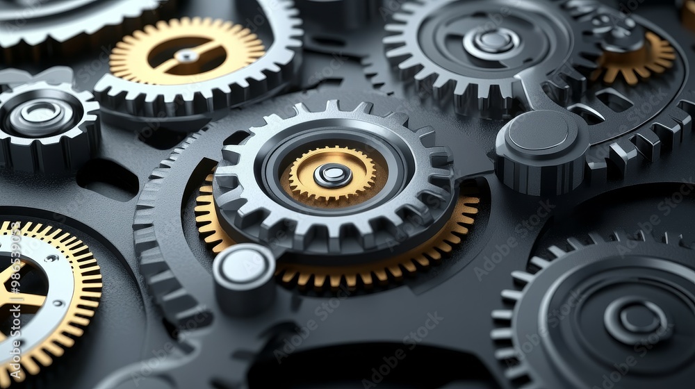 Poster close-up of intricate metallic gears showcasing precision engineering and mechanical design in a clo