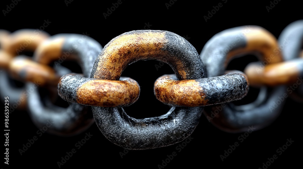 Poster close-up view of a rusty metal chain, showcasing intricate details and textures, ideal for exploring