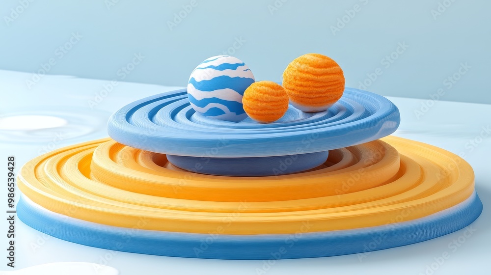 Poster colorful abstract design featuring layered circular shapes and playful spheres, ideal for creative p