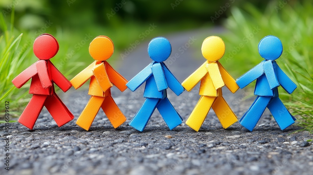 Poster colorful figurines representing teamwork and collaboration on a pathway, symbolizing unity and conne