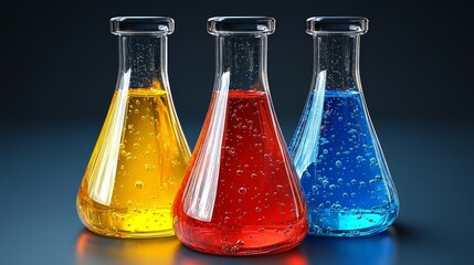 Colorful flasks filled with vibrant liquids, showcasing scientific experimentation and creativity. Perfect for educational projects.