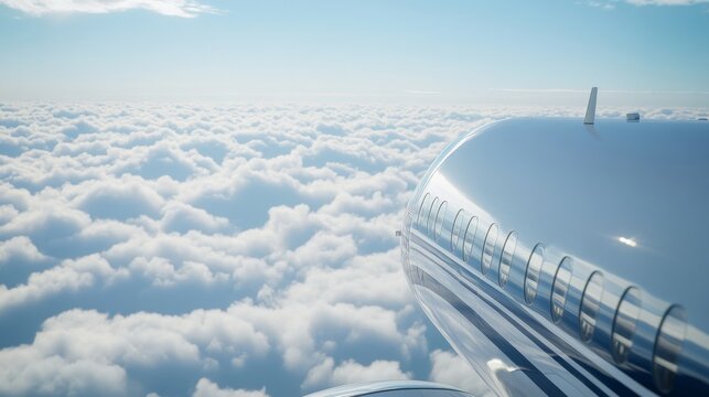 close-up view of private plane wing and engine flying high above the clouds, blue sky background in an ultra-realistic style, capturing the detail of modern aviation technology and luxury