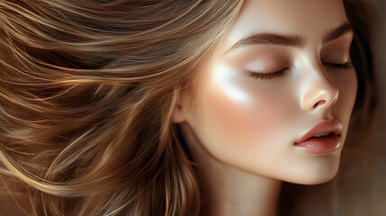 Obraz premium Close up of Beautiful Woman with Long Blonde Hair and Flawless Skin