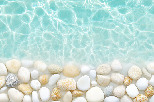 Clear turquoise water gently laps over smooth white pebbles at a serene beach setting