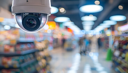 Obraz premium Close-up of a security camera in a retail store, highlighting surveillance and theft prevention
