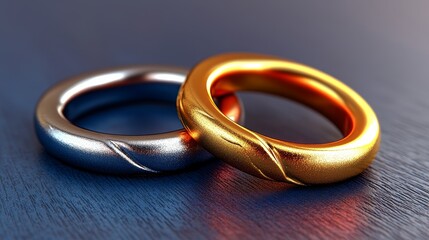 Elegant silver and gold wedding rings intertwined on a smooth surface, symbolizing love and unity for couples.