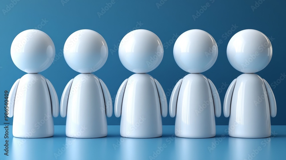 Poster five simplistic figures standing in a row against a blue background, representing unity, teamwork, a