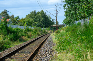 Train tracks winding through lush greenery under a clear blue sky with residential buildings in the background