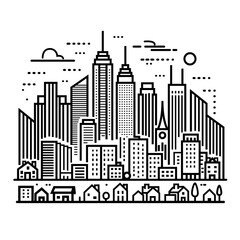 Vector illustration of a city skyline with skyscrapers and residential homes. Isolated stock image perfect for urban designs, real estate, or cityscape themes with a minimalist black and white