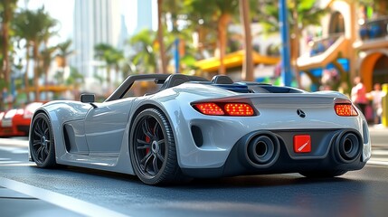 Sleek silver sports car parked on a vibrant city street, showcasing luxurious design and modern aesthetics.