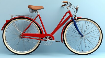 Fototapeta premium Stylish red vintage bicycle with white tires and a brown seat against a pastel blue background.