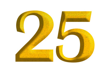 3d golden number 25, isolated on transparent background
