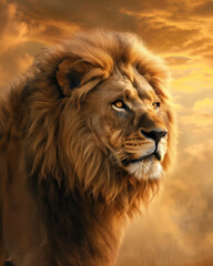 Fototapeta premium Majestic Lion with Golden Mane at Sunset.