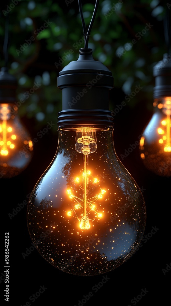 Poster a beautiful illuminated bulb showcasing a unique design, creating an enchanting atmosphere with warm