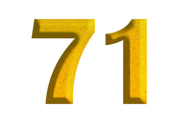 3d golden number 71, isolated on transparent background
