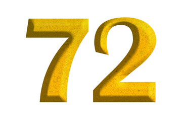 3d golden number 72, isolated on transparent background