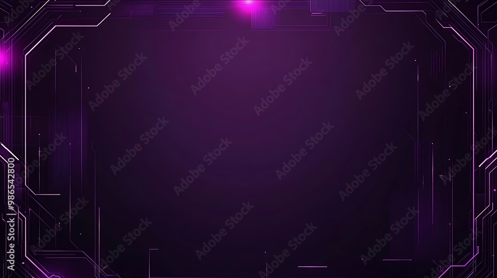 Poster Abstract purple technology background with glowing lines and empty space in the center.