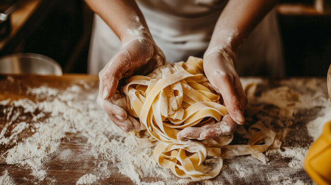 Traveler in Italy Rolling Pasta Dough in Traditional Kitchen during Cooking Class