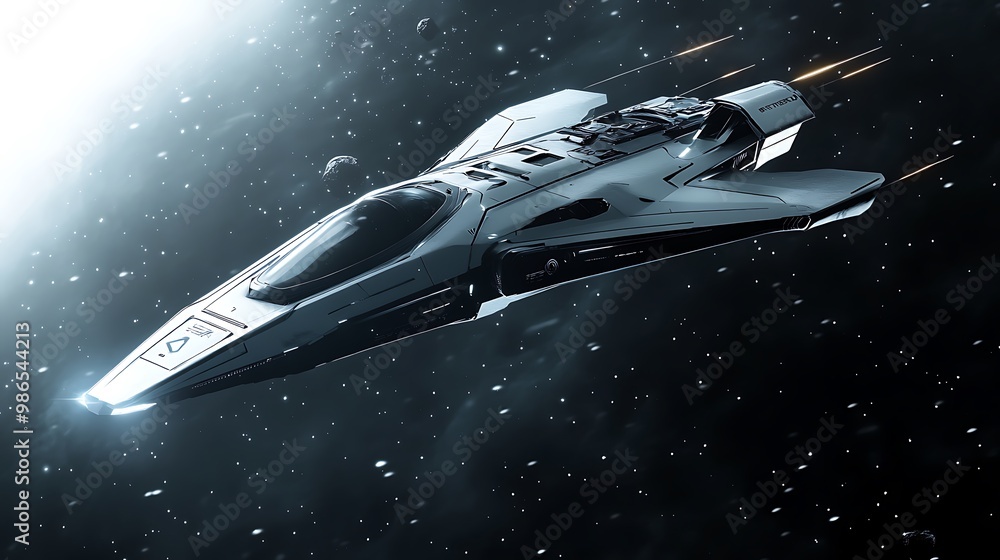 Poster futuristic spaceship soaring through a starry void