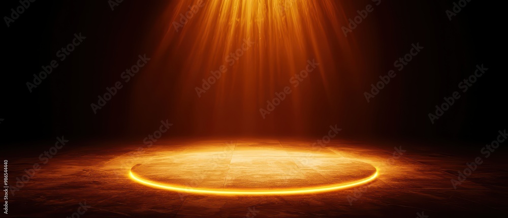 Poster a dramatic spotlight shines down onto a circular glow in a darkened space, creating an atmospheric s