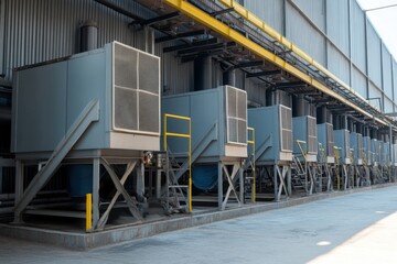 Industrial cooling units installed in a manufacturing facility under bright sunlight in an urban setting