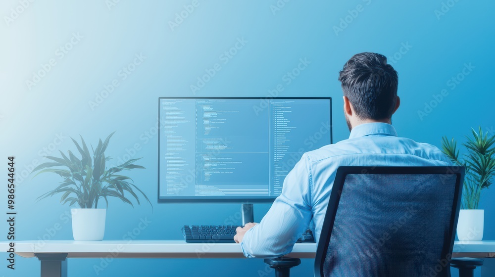 Poster a man working at a computer with coding on the screen and plants on the desk, blue background.