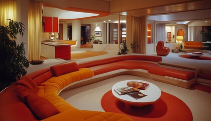 Retro 70s Living Room Interior Design with Orange and Red Curved Sofa, Round Coffee Table, and Open Floor Plan