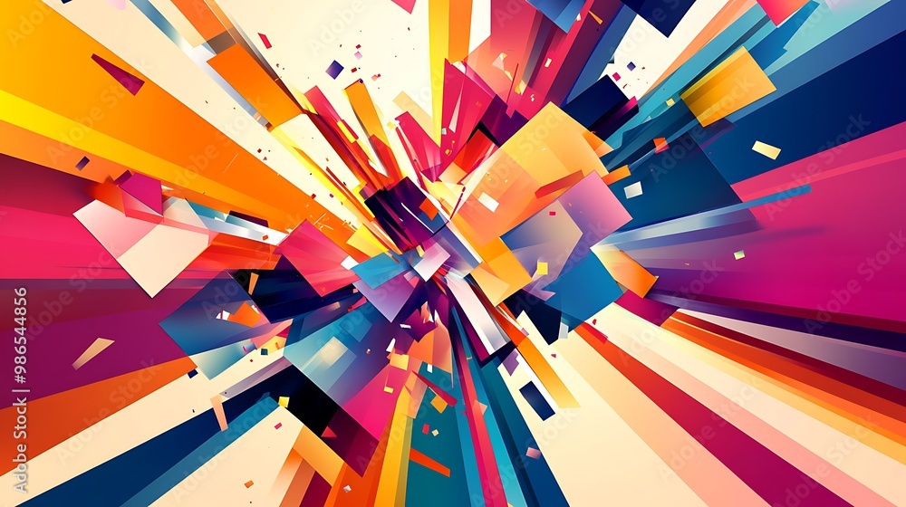 Poster abstract geometric composition with vibrant colors and exploding shapes