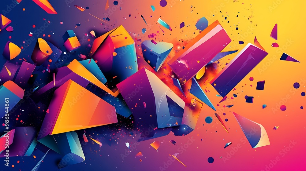 Poster abstract digital art with vibrant geometric shapes and a colorful gradient background.