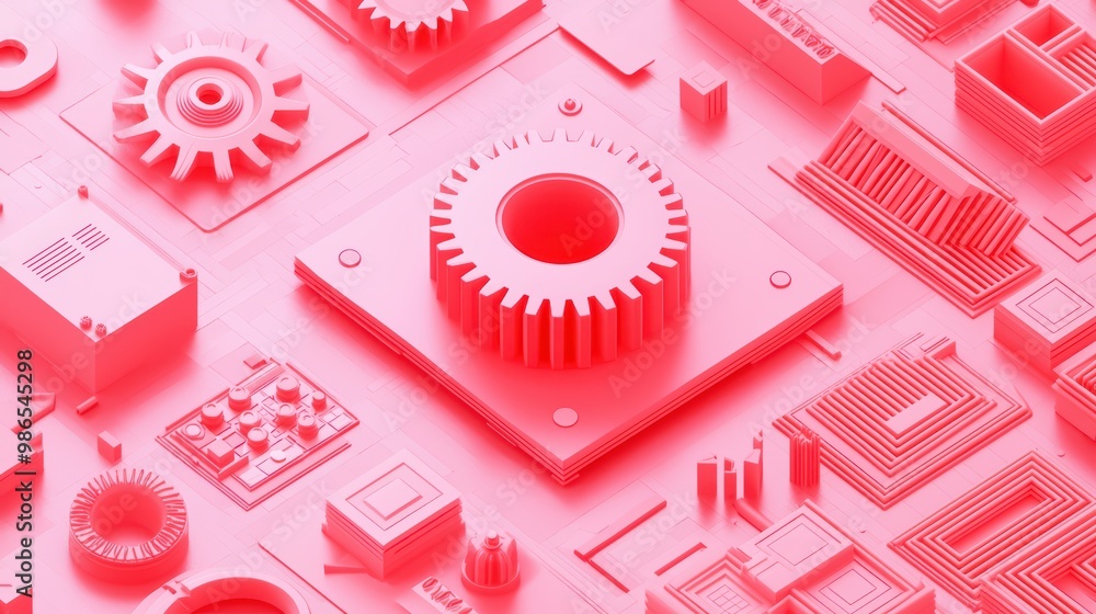 Poster abstract red 3d rendering of gears and circuits, showcasing intricate mechanical design.