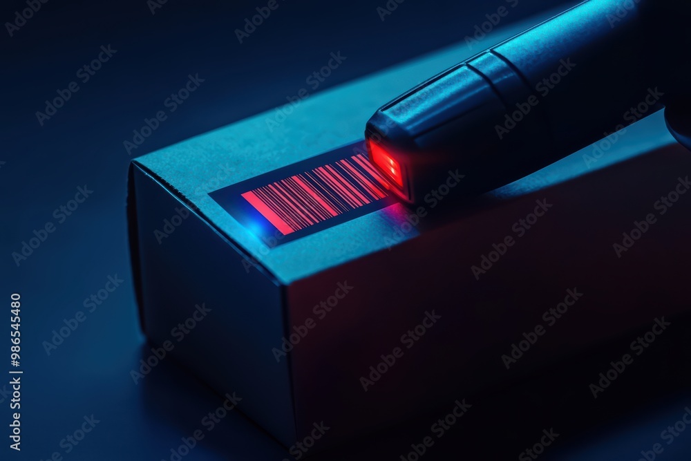 Poster barcode scanning procedure with a scanner over a dark background, highlighting digital technology in
