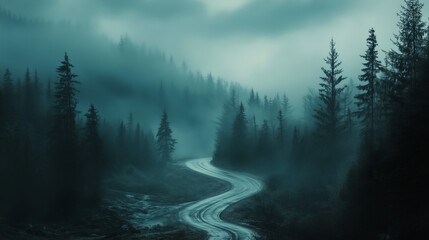 Moody Drive: Winding Road Through a Mysterious Foggy Forest