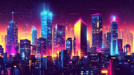 Fototapeta premium Neon-lit skyscrapers against a starry night sky