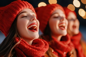 Obraz premium Cheerful women in red hats and scarves joyfully singing together during winter festivities.