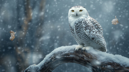 Majestic Snowy Owl Perched on a Branch in a Wintry Forest