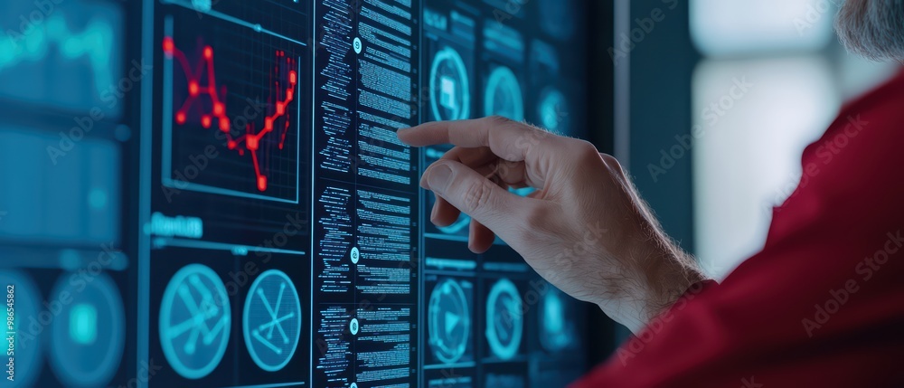 Poster close-up of a hand interacting with a digital screen displaying data charts and analytics.