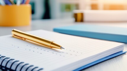 Close-up of a golden pen resting on a notebook with a blurred background in a well-lit workspace.