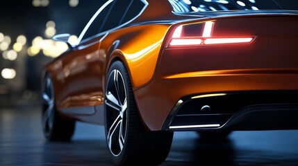 Stylish orange sports car with sleek lines and modern design showcased against a blurred city backdrop, highlighting its elegance.