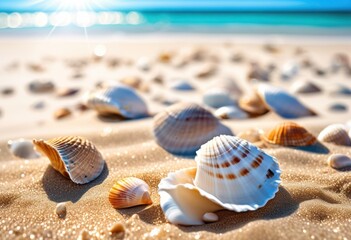 Obraz premium colorful seashells lying bright sunny sandy shore gentle waves clear blue sky, beach, coastline, ocean, tropical, summer, sunlight, vibrant, marine, nature