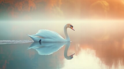 A serene white swan glides on calm water, reflecting its image amidst a misty sunrise.