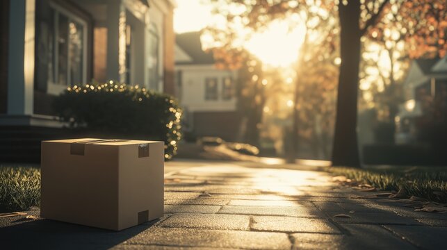 A cardboard package sits on a suburban doorstep in early morning light.