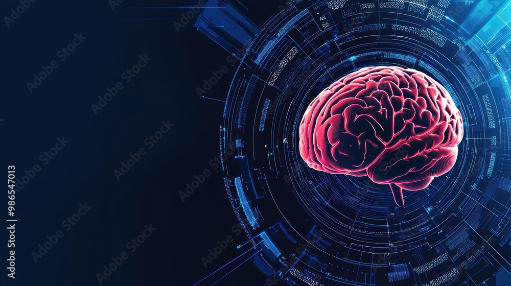 Poster digital illustration of a brain with a tech-inspired background representing intelligence and innova