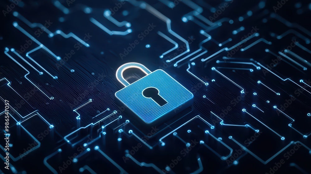 Poster digital lock on a circuit board, symbolizing cybersecurity and protection in technology.