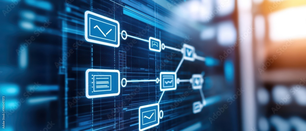 Aufkleber digital network illustration showing data flow and connections. technology concept, blue color schem