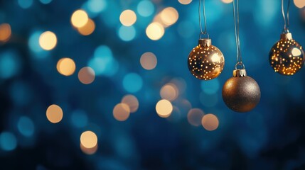 Golden Christmas ornaments hang against a soft blue background with glowing festive lights.