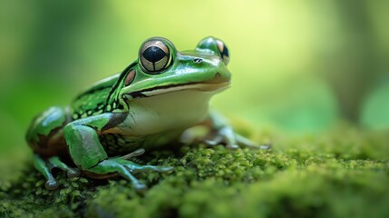 Obraz premium Image of a vibrant green frog resting on a mossy surface, surrounded by lush greenery.